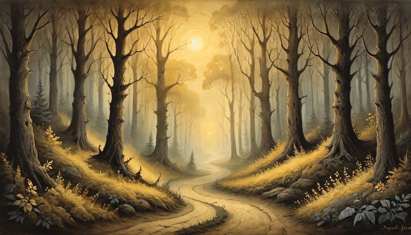  on parchment, surrealism+++, A path illuminated by a soft, golden light, winding through a dark forest, showing the way forward, guiding, serene(mysterious, provocative, symbolic,muted color)+++