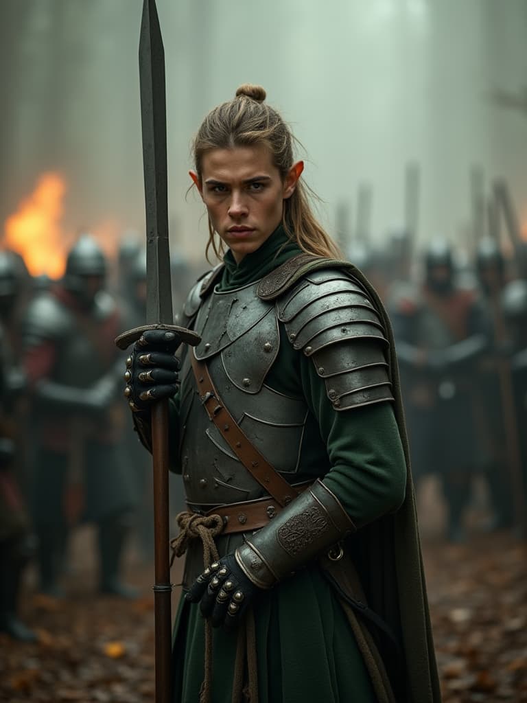  this request is for an editorial photography session capturing an elf prince posed with his hand on his hip, facing forward. the setting is an intense battlefield scene, inspired by peter jackson's movie style armor. the image should feature a bokeh effect to emphasize the subject while artistically blurring the chaotic background.