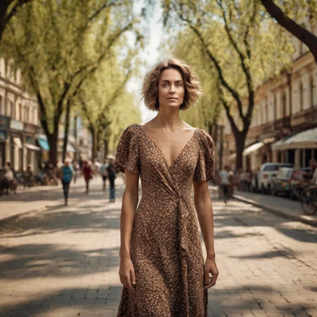  Realistic,human, clear face structure, analog photo of (Odessa city:1.3) street full of blooming (tall acacia trees:1.2), in front of camera walking (full body height:1.2) young woman in (knee length dress:1.3), (very short haircut:1.3), brown hair, brown eyes, morning sun, 4k, highly detailed photo, sharp photo, high quality photo hyperrealistic, full body, detailed clothing, highly detailed, cinematic lighting, stunningly beautiful, intricate, sharp focus, f/1. 8, 85mm, (centered image composition), (professionally color graded), ((bright soft diffused light)), volumetric fog, trending on instagram, trending on tumblr, HDR 4K, 8K hyperrealistic, full body, detailed clothing, highly detailed, cinematic lighting, stunningly beautiful, intricate, sharp focus, f/1. 8, 85mm, (centered image composition), (professionally color graded), ((bright soft diffused light)), volumetric fog, trending on instagram, trending on tumblr, HDR 4K, 8K