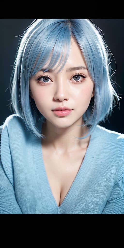  The big eyes are large and the beautiful smile is attractive, J cup gorgeous hair shortcut light blue hair, (Masterpiece, BestQuality:1.3), (ultra detailed:1.2), (hyperrealistic:1.3), (RAW photo:1.2),High detail RAW color photo, professional photograph, (Photorealistic:1.4), (realistic:1.4), ,professional lighting, (japanese), beautiful face, (realistic face)