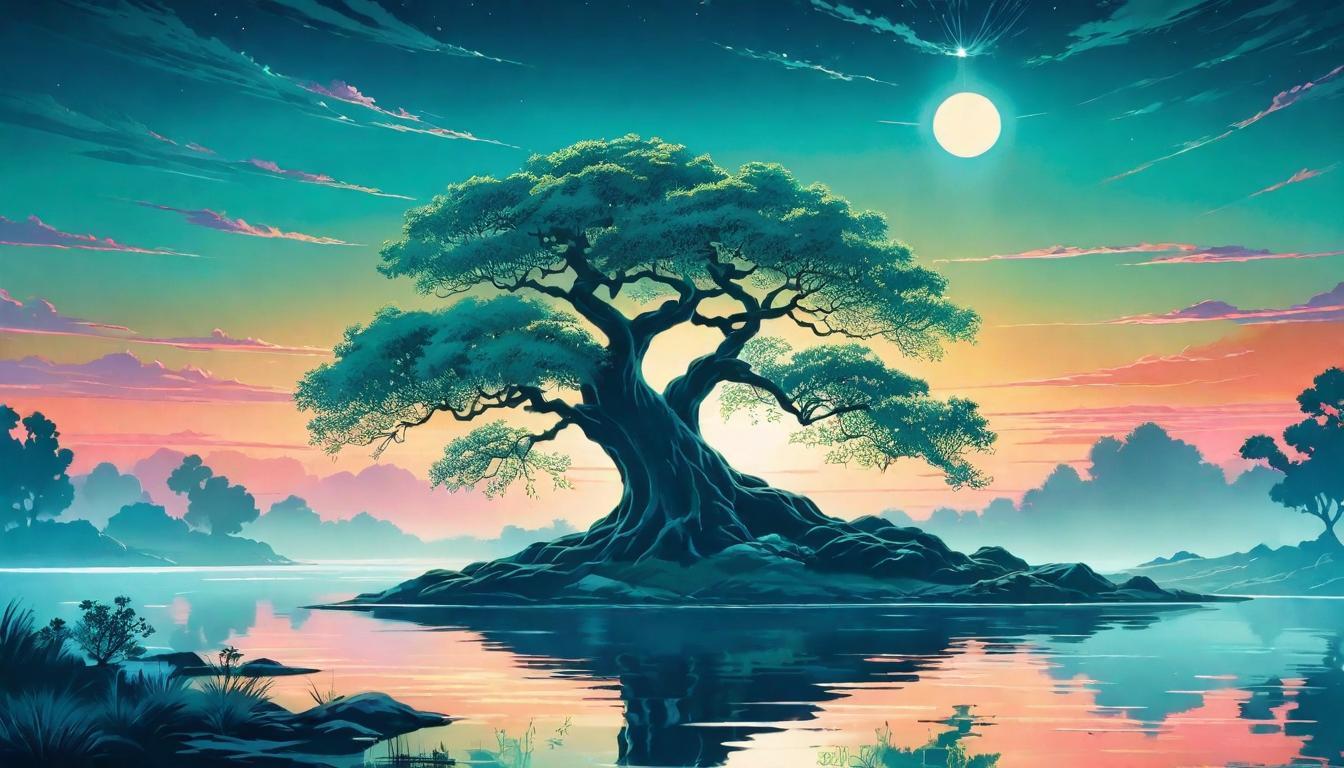  retro futuristic Whispering willow tree beside a serene lake, mirror like reflection, dusk settling softly over the water. Mood: tranquil, mysterious, unseen yet felt. lvintage sci fi, 50s and 60s style, atomic age, vibrant, highly detailed