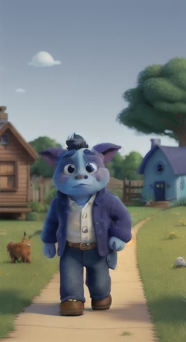  {Max walking back towards the cozy little house with droopy eyes, as twilight falls, The big blue dog is large with sky blue fur, big round eyes, a black nose, and floppy ears.