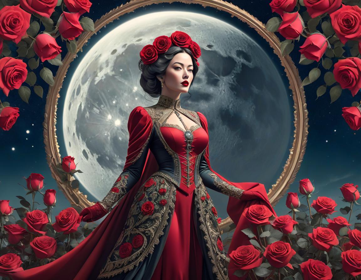  surrealist art An elaborate digital artwork of a woman in vintage attire with roses and a lunar backdrop. . dreamlike, mysterious, provocative, symbolic, intricate, detailed hyperrealistic, full body, detailed clothing, highly detailed, cinematic lighting, stunningly beautiful, intricate, sharp focus, f/1. 8, 85mm, (centered image composition), (professionally color graded), ((bright soft diffused light)), volumetric fog, trending on instagram, trending on tumblr, HDR 4K, 8K