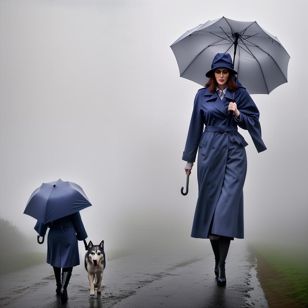  create a realistically illustration of Sad Lady holding an umbrella, ,the coat ,hat and the umbrella are blue,with her husky dogin the rain .Ink drawing . hyperrealistic, full body, detailed clothing, highly detailed, cinematic lighting, stunningly beautiful, intricate, sharp focus, f/1. 8, 85mm, (centered image composition), (professionally color graded), ((bright soft diffused light)), volumetric fog, trending on instagram, trending on tumblr, HDR 4K, 8K