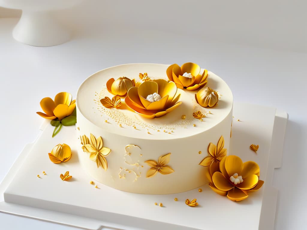  An ultradetailed, 8k resolution image of a delicately crafted dessert that seamlessly blends classical art elements like intricate gold leaf patterns and sculpted sugar flowers with modern minimalist presentation. The dessert sits on a sleek, white plate against a clean, unobtrusive background, highlighting the fusion of traditional artistic techniques with contemporary aesthetics. hyperrealistic, full body, detailed clothing, highly detailed, cinematic lighting, stunningly beautiful, intricate, sharp focus, f/1. 8, 85mm, (centered image composition), (professionally color graded), ((bright soft diffused light)), volumetric fog, trending on instagram, trending on tumblr, HDR 4K, 8K