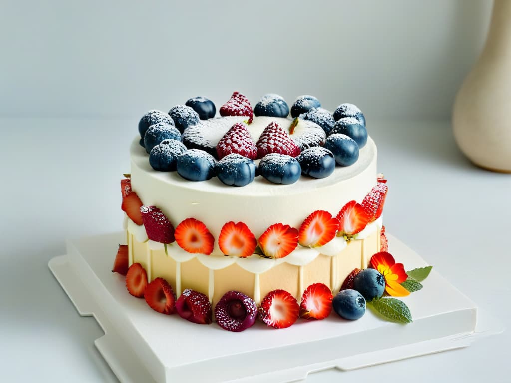  A minimalist image of a beautifully decorated ketofriendly celebration cake, adorned with fresh berries and edible flowers, set on a sleek marble cake stand against a soft, neutral background with gentle natural light illuminating the scene. hyperrealistic, full body, detailed clothing, highly detailed, cinematic lighting, stunningly beautiful, intricate, sharp focus, f/1. 8, 85mm, (centered image composition), (professionally color graded), ((bright soft diffused light)), volumetric fog, trending on instagram, trending on tumblr, HDR 4K, 8K