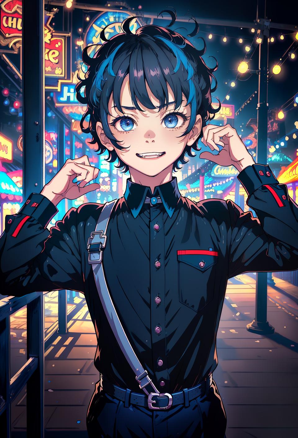  ((trending, highres, masterpiece, cinematic shot)), 1boy, chibi, male goth clothing, amusement park scene, very short curly grey hair, side-swept bangs, narrow blue eyes, barbaric personality, happy expression, fair skin, orderly, limber