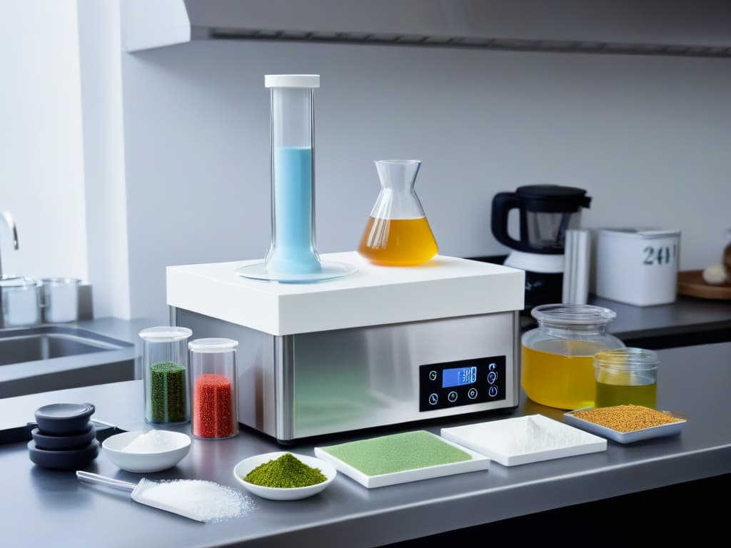  A visually striking and minimalist image of a molecular gastronomy kit laid out on a sleek, modern kitchen countertop. The kit contains tools such as precision scales, pipettes, agar agar powder, calcium lactate, and sodium alginate, all neatly arranged with sharp, clean lines and a monochromatic color scheme. The image showcases the essential tools needed for molecular gastronomy, emphasizing the precision and science behind this cuttingedge culinary technique. hyperrealistic, full body, detailed clothing, highly detailed, cinematic lighting, stunningly beautiful, intricate, sharp focus, f/1. 8, 85mm, (centered image composition), (professionally color graded), ((bright soft diffused light)), volumetric fog, trending on instagram, trending on tumblr, HDR 4K, 8K