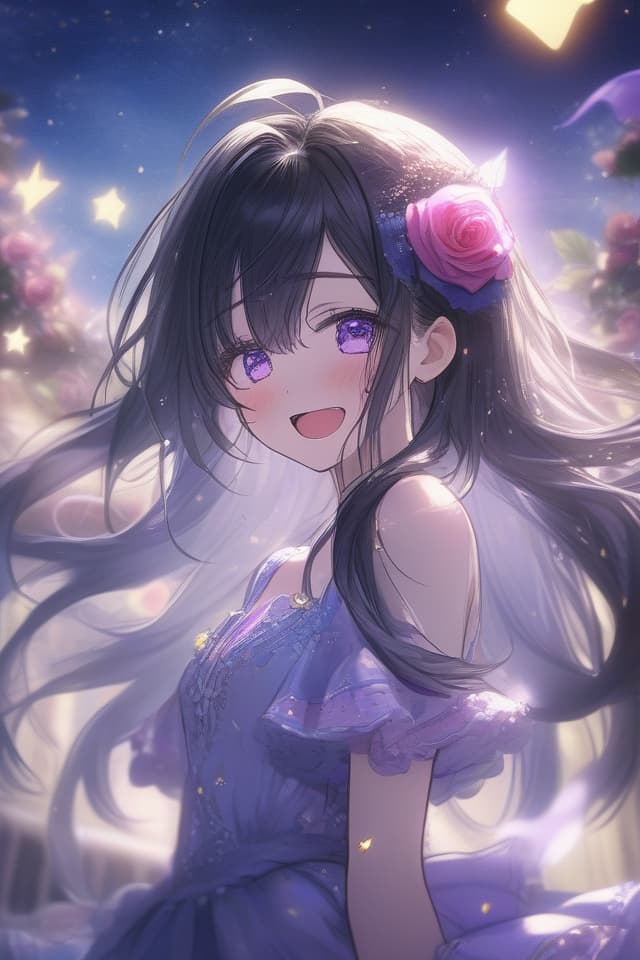  insanely detailed,hyper detailed,ultra detailed,detailed,high quality,absurdres,highres,a girl,happy,laughing,streaming tears,standing,looking to the side,very long hair,hime cut,black hair,purple eyes,with tears in eyes,fair skin,short,slim,black princess dress,ribbon,in the colorful rose garden,with a starry sky,at night,beautiful,fantasy,upper body,from side,ground level shot,dust effect,blue hues