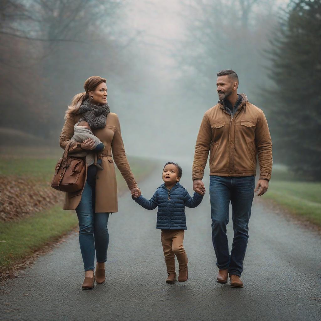  Family mom dad child hyperrealistic, full body, detailed clothing, highly detailed, cinematic lighting, stunningly beautiful, intricate, sharp focus, f/1. 8, 85mm, (centered image composition), (professionally color graded), ((bright soft diffused light)), volumetric fog, trending on instagram, trending on tumblr, HDR 4K, 8K