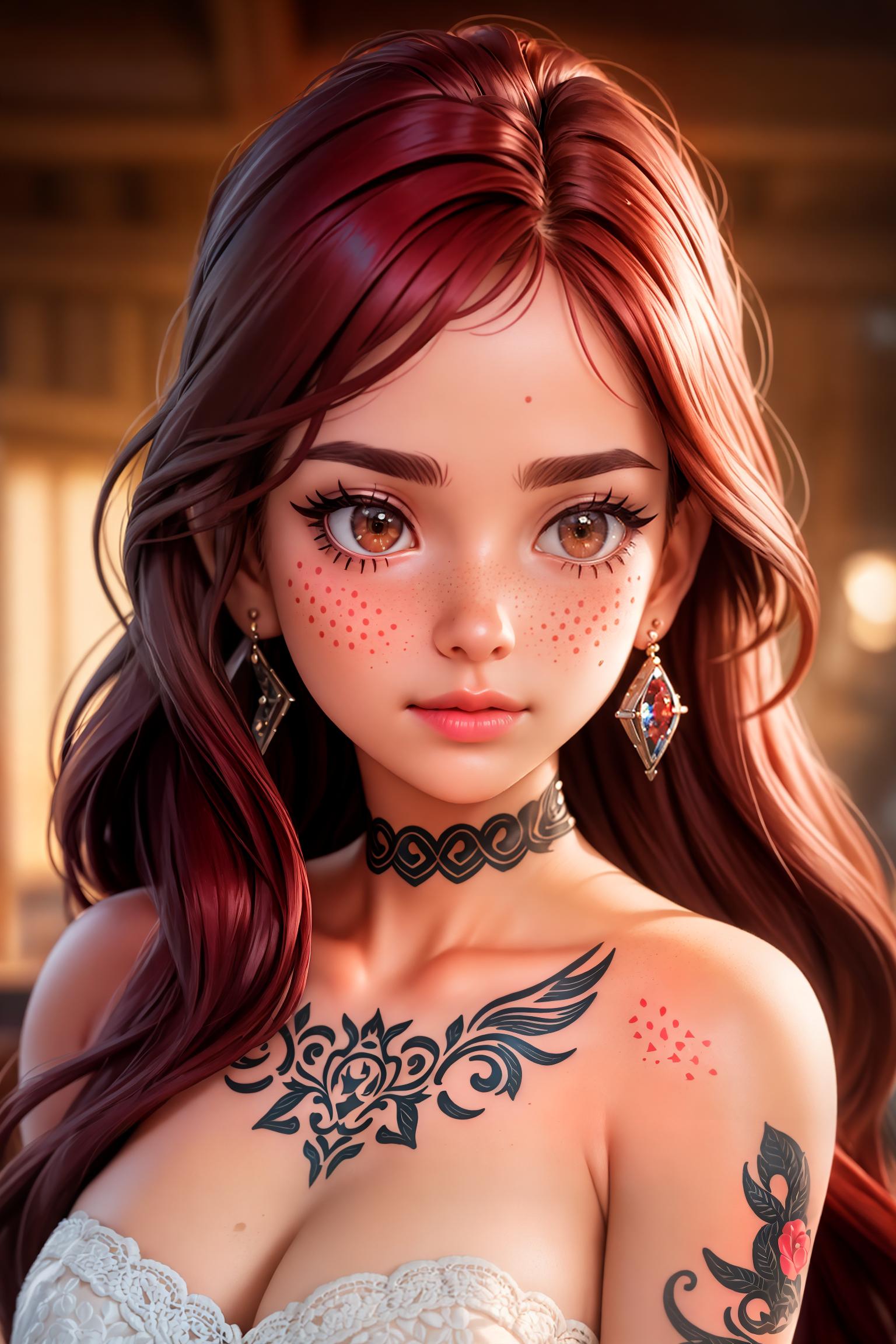  woman, old,backlighting,black choker,blurry background,blush,closed mouth,collarbone,earrings,forehead,freckles,hair over shoulder,jewelry,long hair,looking down,pointy nose,lips glossy,shadow,solo, eyebrows, eyelashes,upper body,red hair,ids,tattoos,tattoos on arms,black rose tattoos on neck,sun beams,warm light,cozy, (Masterpiece), (best quality), (intricate details, hyperdetailed:1.15), (detailed face), (realistic), (epic realistic), ((neutral colors)), (disney pixar style)