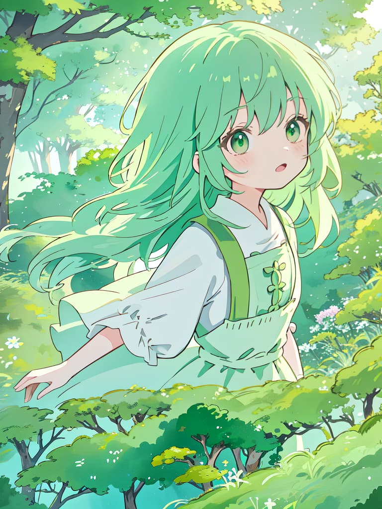  Ghibli style style green hair character, shouting, masterpiece, best quality,8k,ultra detailed,high resolution,an extremely delicate and beautiful,hyper detail