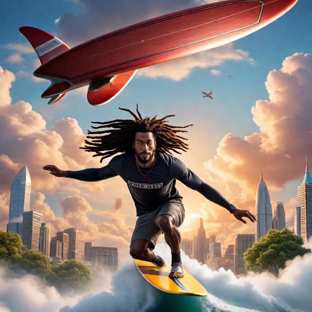  A black male with dreadlocks surfing on clouds heading towards a city situated among the clouds. Include a street sign that says '47th'. The man should look excited and joyful, and the scene should be whimsical and fantastical, with vibrant colors in the sky. Street sign prominently displays '47th'. hyperrealistic, full body, detailed clothing, highly detailed, cinematic lighting, stunningly beautiful, intricate, sharp focus, f/1. 8, 85mm, (centered image composition), (professionally color graded), ((bright soft diffused light)), volumetric fog, trending on instagram, trending on tumblr, HDR 4K, 8K