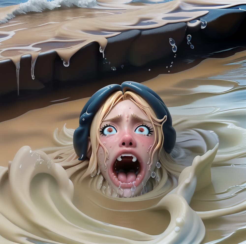  tanned blonde Naruto drowning in the sea a lot of water waves and splashes around her she's screaming and panic, the water is flowing into her mouth and nose