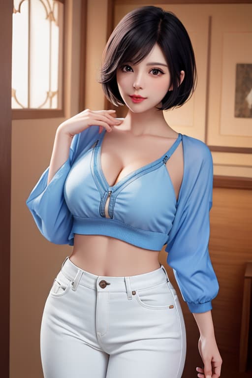  A with short black bob hair. She is leaning forward and looking at the camera. She is wearing a white top and blue denim pants. The top is open at the , her large age and light blue . hyperrealistic, full body, detailed clothing, highly detailed, cinematic lighting, stunningly beautiful, intricate, sharp focus, f/1. 8, 85mm, (centered image composition), (professionally color graded), ((bright soft diffused light)), volumetric fog, trending on instagram, trending on tumblr, HDR 4K, 8K