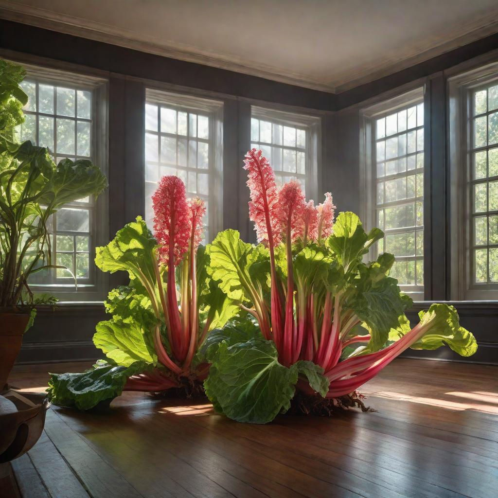  A GIANT RHUBARB GROWING FROM THE FLOOR IN A DARK INTERIOR. SUNLIGHT., realistic, portrait, art by donato giancola and greg rutkowski, realistic face, digital art, trending on artstation hyperrealistic, full body, detailed clothing, highly detailed, cinematic lighting, stunningly beautiful, intricate, sharp focus, f/1. 8, 85mm, (centered image composition), (professionally color graded), ((bright soft diffused light)), volumetric fog, trending on instagram, trending on tumblr, HDR 4K, 8K