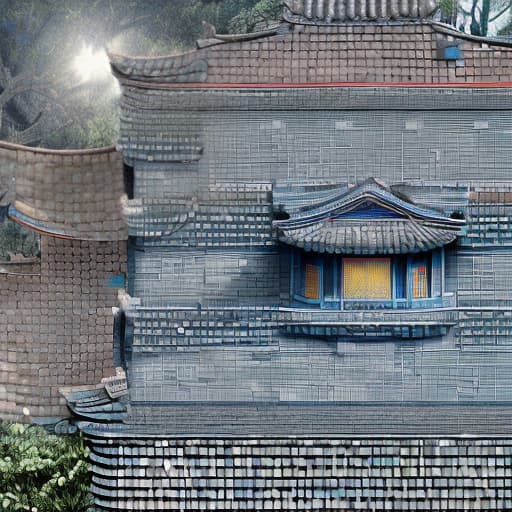 redshift style Goguryeo tile-roofed house. Big tree. Shining. Pastelton. Clear. Sparkling. Beautiful. Gradient. Pretty sky gray cloud.