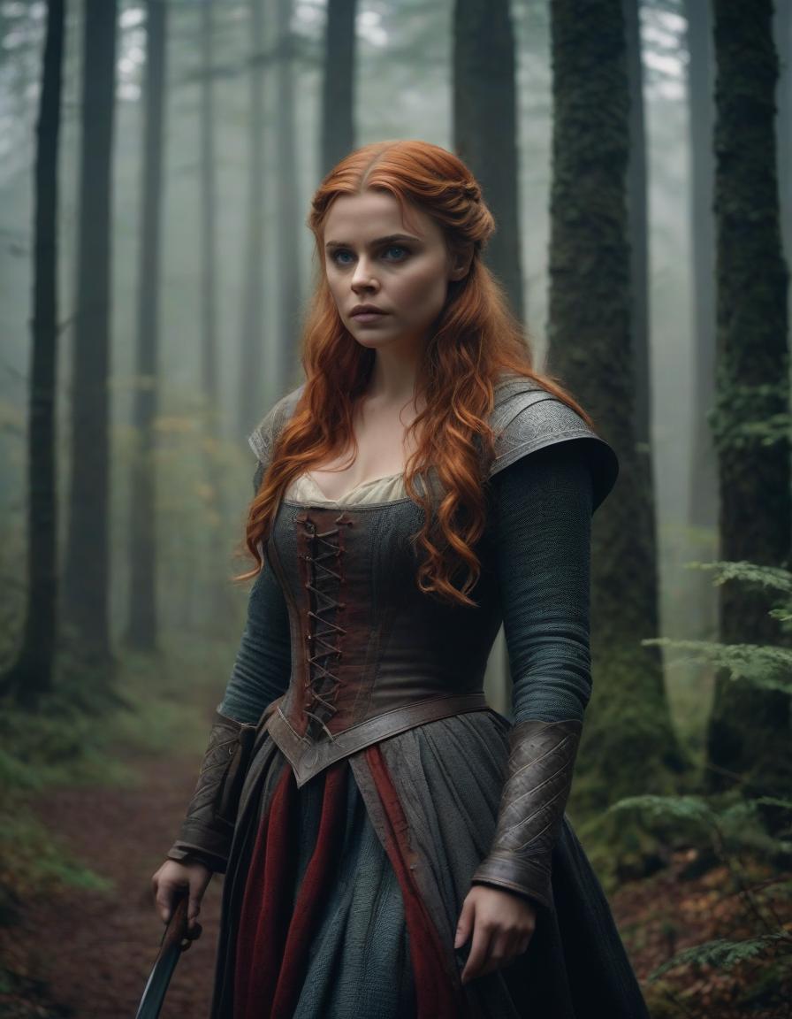  cinematic film still The era of medieval wars, a frame from a film, the most detailed image, cloudy and foggy autumn morning, rain, Chloe Grace Moretz with long light red hair, in a dark forest robber costume, holding a hunting knife in her right hand, with a combat dynamic expressive pose, prepared for battle, forest, maximum detail, especially carefully drawn faces, the maximum correspondence of historical medieval clothes, small details, the most correct anatomy, . shallow depth of field, vignette, highly detailed, high budget, bokeh, cinemascope, moody, epic, gorgeous, film grain, grainy hyperrealistic, full body, detailed clothing, highly detailed, cinematic lighting, stunningly beautiful, intricate, sharp focus, f/1. 8, 85mm, (centered image composition), (professionally color graded), ((bright soft diffused light)), volumetric fog, trending on instagram, trending on tumblr, HDR 4K, 8K