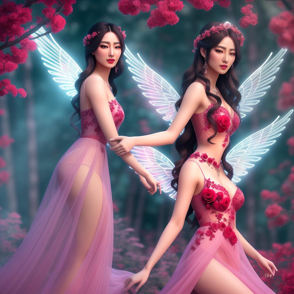  Create a 32k ultra-high-detail image of an ethereal being with delicate wings, a glowing halo. She wears beautiful translucent red dress decorated with ruby and jewelry. She holds a radiant rose, surrounded by a mystic forest backdrop. Her celestial aura should be captured in a photorealistic style, making it a clear, vivid masterpiece., fantasy art, hyper detailed, beautiful, (high detailed skin:1.2), 8k uhd, dslr, soft lighting, high quality, film grain, Fujifilm XT3 hyperrealistic, full body, detailed clothing, highly detailed, cinematic lighting, stunningly beautiful, intricate, sharp focus, f/1. 8, 85mm, (centered image composition), (professionally color graded), ((bright soft diffused light)), volumetric fog, trending on instagram, trending on tumblr, HDR 4K, 8K