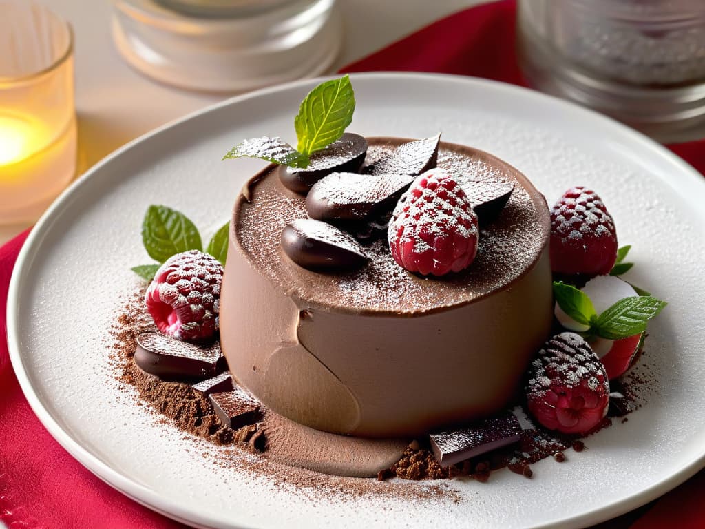  A highresolution image of a decadent chocolate avocado mousse dessert topped with fresh raspberries, mint leaves, and a dusting of cocoa powder. The dessert is elegantly presented on a sleek white plate, exuding a sense of indulgence and sophistication. The rich, creamy texture of the mousse contrasts beautifully with the vibrant colors of the berries, creating a visually striking and appetizing composition that conveys a sense of luxury and culinary delight. hyperrealistic, full body, detailed clothing, highly detailed, cinematic lighting, stunningly beautiful, intricate, sharp focus, f/1. 8, 85mm, (centered image composition), (professionally color graded), ((bright soft diffused light)), volumetric fog, trending on instagram, trending on tumblr, HDR 4K, 8K