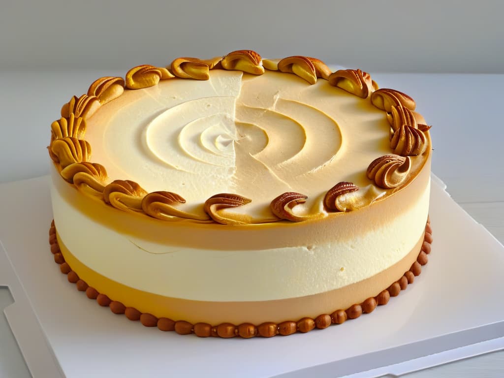  A closeup, ultradetailed image of a perfectly baked New Yorkstyle cheesecake, showcasing the smooth and creamy texture of the filling, with a golden brown crust peeking out from underneath. The focus is on the intricate swirls and patterns on the surface, highlighting the craftsmanship and precision required to achieve the perfect slice. hyperrealistic, full body, detailed clothing, highly detailed, cinematic lighting, stunningly beautiful, intricate, sharp focus, f/1. 8, 85mm, (centered image composition), (professionally color graded), ((bright soft diffused light)), volumetric fog, trending on instagram, trending on tumblr, HDR 4K, 8K