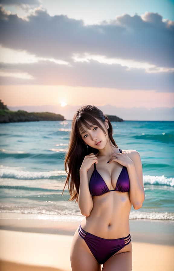  nsfw,4K,highres,ultra detailed,best quality,from front,Japanese,woman,young adult,brown hair,medium hair,thin eyebrows,swimwear,bikini,purple satin,glamorous,unbuttoned,beach,realistic,seductive pose, (Masterpiece, BestQuality:1.3), (ultra detailed:1.2), (hyperrealistic:1.3), (RAW photo:1.2),High detail RAW color photo, professional photograph, (Photorealistic:1.4), (realistic:1.4), ,professional lighting, (japanese), beautiful face, (realistic face)