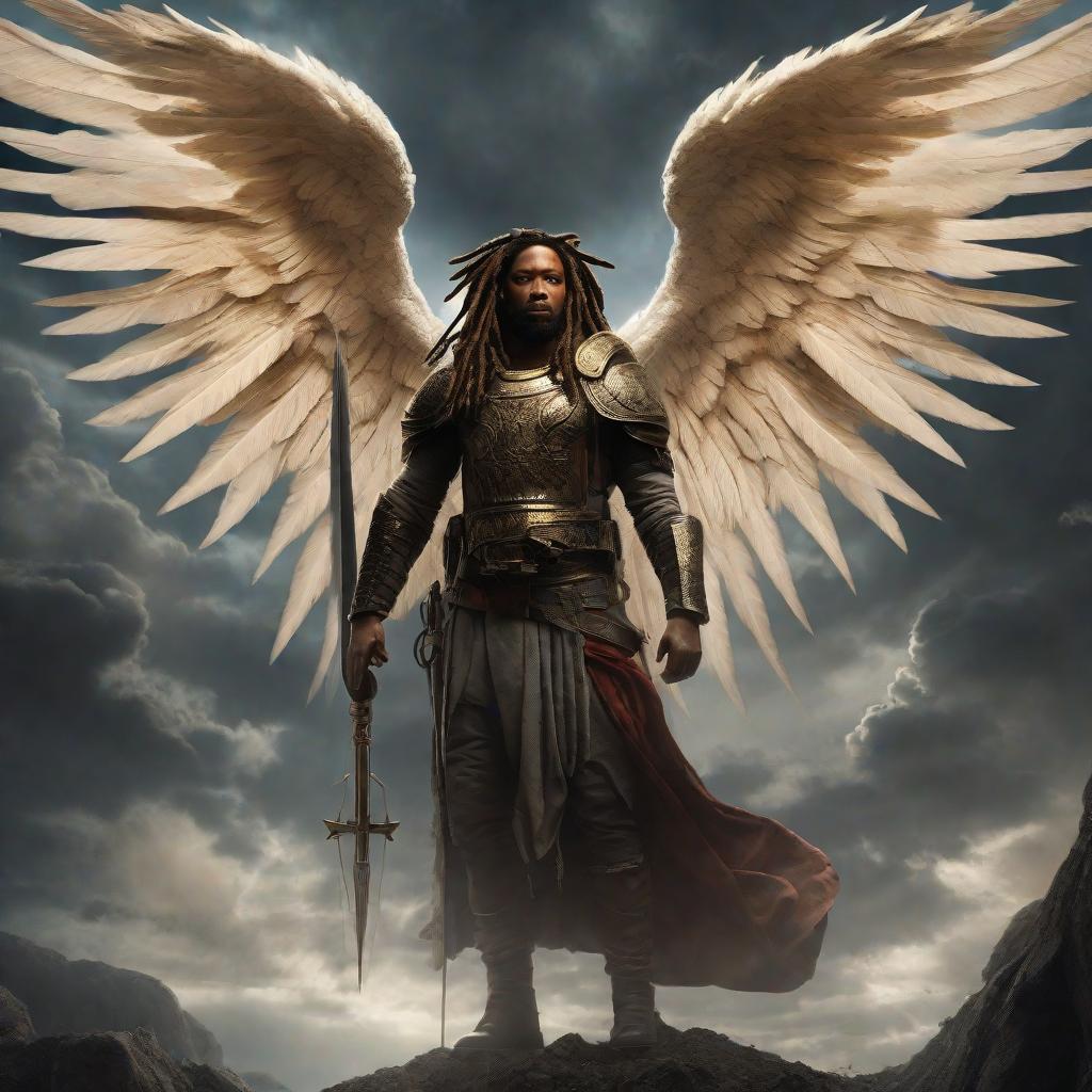  masterpiece, best quality, In the heavens above, there is a strong angel with dreadlocks looking down ready to go to war with an alternate world. From below looking up, there is a demon or devil like creature in the depths of Hell, also ready to go to war with the angel.