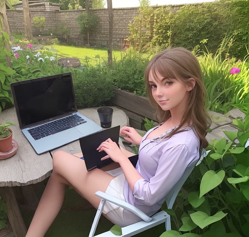  Beautiful girl sits working on the laptop in the garden