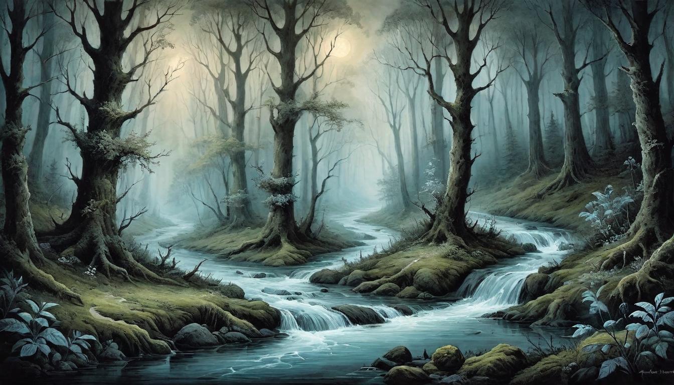  on parchment, surrealism+++, A crystal clear stream flowing steadfastly through a dark forest, purity amidst obscurity, steadfastness(mysterious, provocative, symbolic,muted color)+++