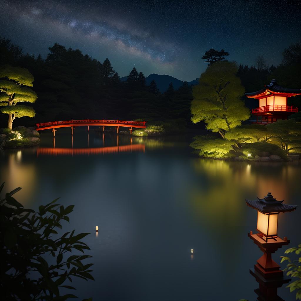  masterpiece, best quality, (Fidelity: 1.4), Best Quality, Masterpiece, Ultra High Resolution, 8k resolution, A night view inspired by Japanese art, featuring a garden illuminated by paper lanterns and a wooden bridge spanning a tranquil lake, by the lakeside, there is a small Zen temple. The water reflects the starry sky.