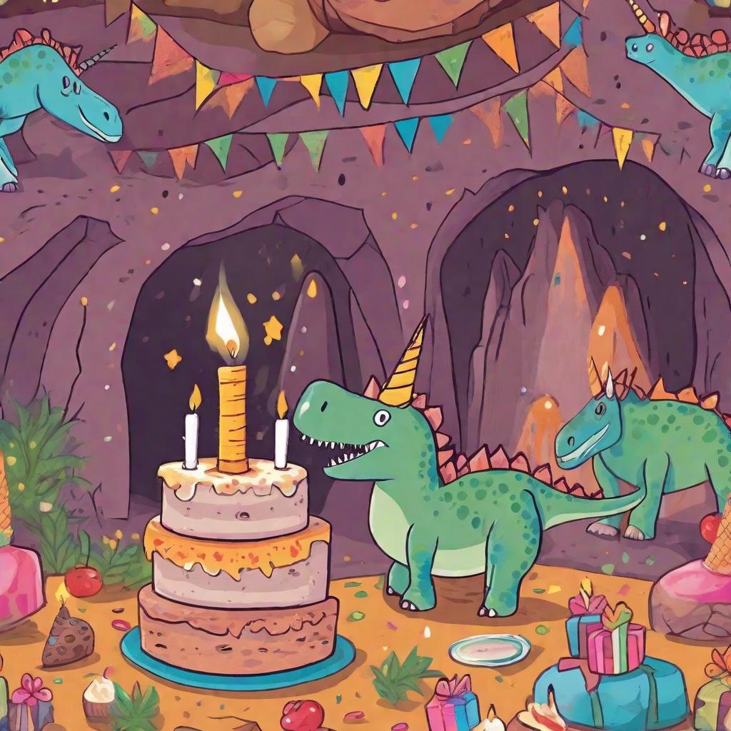  Ilration of a dinosaur and a unicorn with a birthday cake]Inside the cave, they found a delicious birthday cake with candles. It was a surprise from the friendly cave creatures. . in the style of eric carle ren's story book.