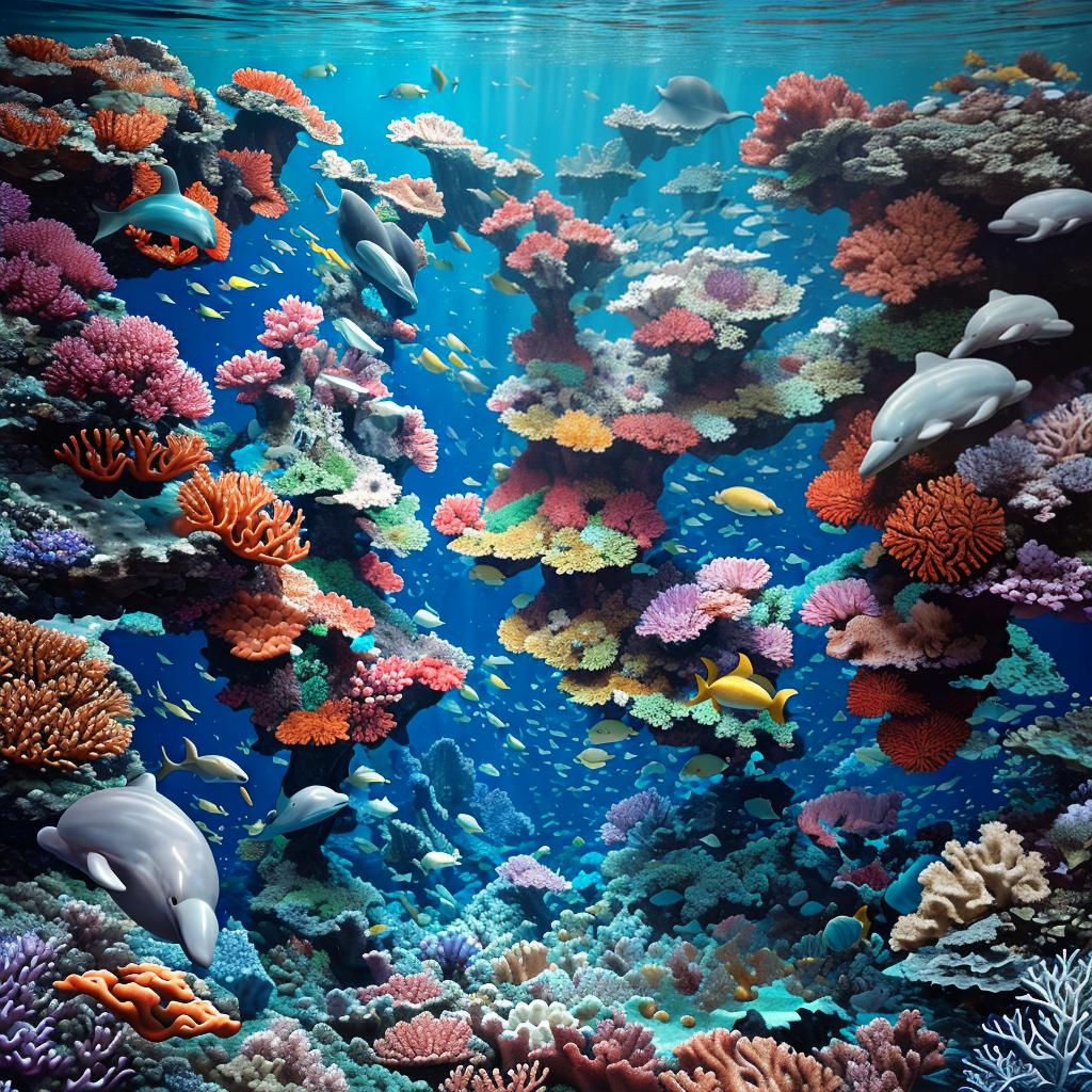  masterpiece, best quality, beautiful deep sea full of corals, diverse marine life and fascinating underwater landscapes with corals, appendages, small fish, anemones, dolphins, various algae, caves, colorful, 8k resolution and intricate detail