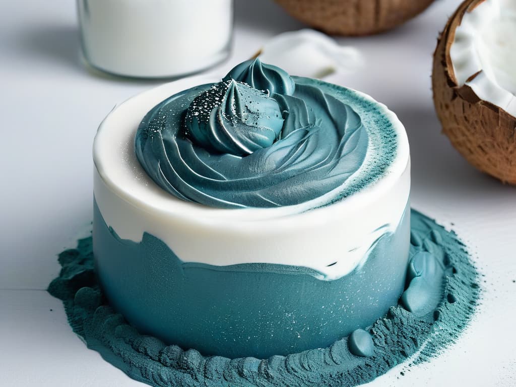  A closeup, ultradetailed image of vibrant blue spirulina powder swirling into a creamy white coconut yogurt, creating a mesmerizing natural color contrast. hyperrealistic, full body, detailed clothing, highly detailed, cinematic lighting, stunningly beautiful, intricate, sharp focus, f/1. 8, 85mm, (centered image composition), (professionally color graded), ((bright soft diffused light)), volumetric fog, trending on instagram, trending on tumblr, HDR 4K, 8K