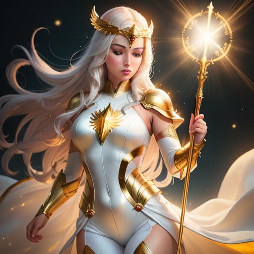  A superhero woman dressed in white and golden magic bodysuit, golden rays come from her body, a beautiful holy woman with magical staff, hyperrealistic, high quality, highly detailed, perfect lighting, intricate, sharp focus, f/1. 8, 85mm, (centered image composition), (professionally color graded), ((bright soft diffused light)), trending on instagram, HDR 4K, 8K