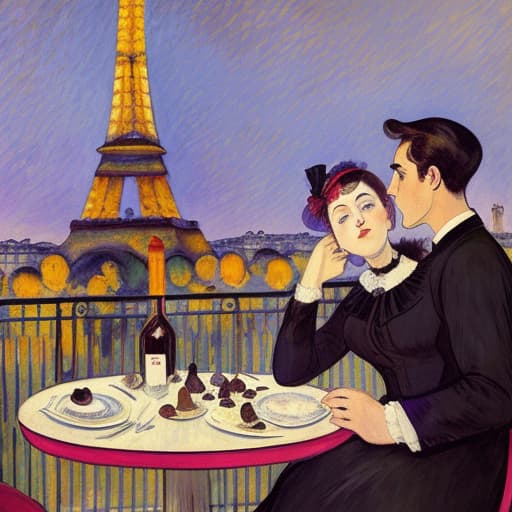  attractive young Parisian couple dressed in modern designer outfits who are romantically together in Paris. Foreground a small plate of fine dark chocolates on a bedside table. Background dusk with a lite Eiffel Tour Monument. Painting style of Henri de Toulouse-Lautrec