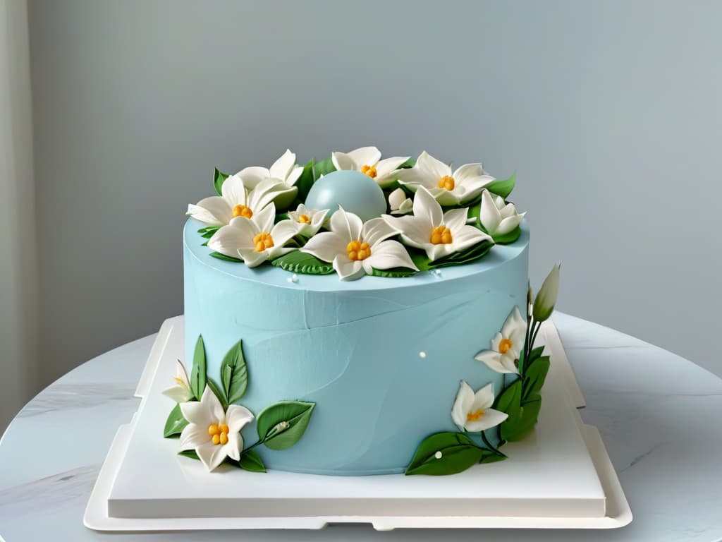  An ultradetailed image of a perfectly sculpted fondant cake adorned with delicate sugar flowers in pastel shades, sitting on a sleek marble cake stand under soft, natural lighting. The intricate details of the cake's smooth surface, lifelike petals, and expertly crafted leaves are visible up close, showcasing the precision and skill required to create such a masterpiece. The minimalistic composition highlights the elegance and sophistication of the cake, making it an aspirational symbol for pastry chefs looking to make their mark in the world of baking competitions. hyperrealistic, full body, detailed clothing, highly detailed, cinematic lighting, stunningly beautiful, intricate, sharp focus, f/1. 8, 85mm, (centered image composition), (professionally color graded), ((bright soft diffused light)), volumetric fog, trending on instagram, trending on tumblr, HDR 4K, 8K