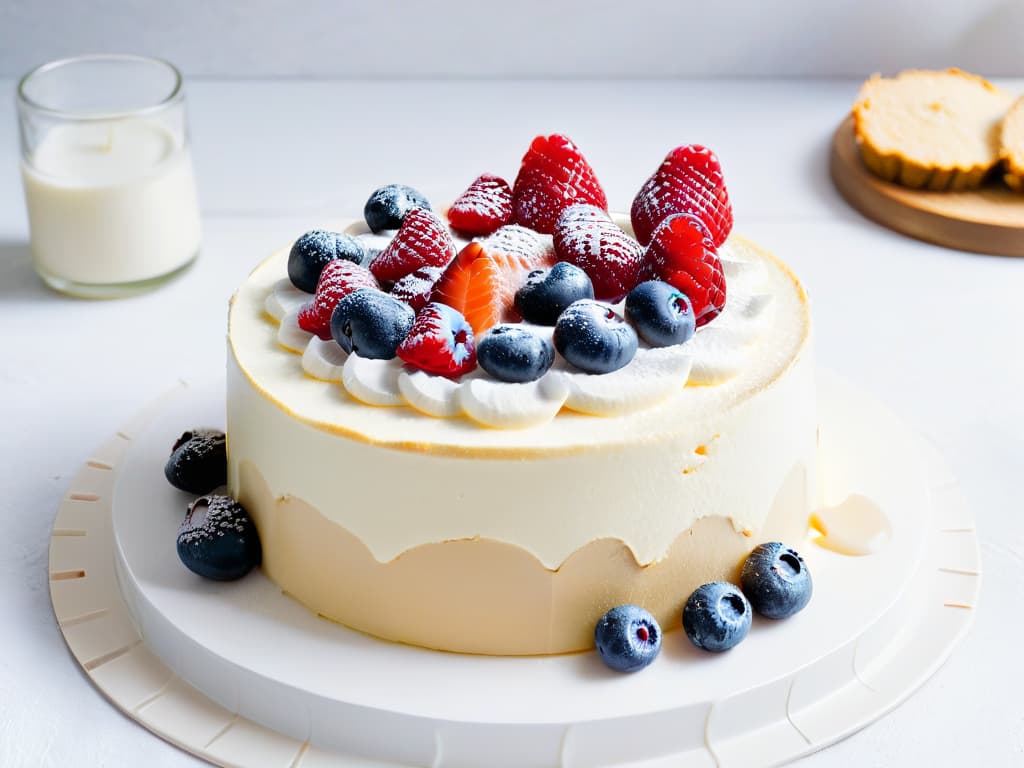  A serene and elegant image of a perfectly plated vegan coconut kefir cheesecake, garnished with fresh berries and a drizzle of coconut cream, set against a minimalist white background. The cheesecake is beautifully textured with a smooth, creamy consistency, and the vibrant colors of the berries pop against the neutral backdrop, creating a visually striking and appetizing image that conveys a sense of sophistication and indulgence. hyperrealistic, full body, detailed clothing, highly detailed, cinematic lighting, stunningly beautiful, intricate, sharp focus, f/1. 8, 85mm, (centered image composition), (professionally color graded), ((bright soft diffused light)), volumetric fog, trending on instagram, trending on tumblr, HDR 4K, 8K