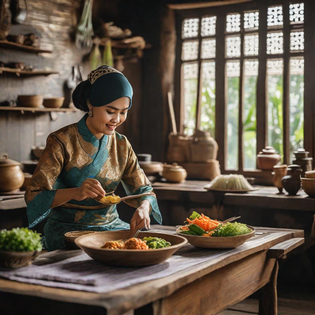  masterpiece, best quality, Sundanese women wearing traditional kebaya are preparing a typical meal for a family event, in a warm wooden kitchen with natural lighting from large windows, masterpiece, 8k resolution, panorama, close up portrait, best quality, encaustic painting, cinematic lighting