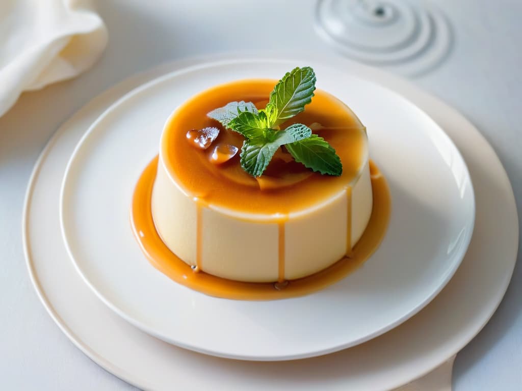  An exquisite, minimalist image of a perfectly plated slice of vanilla flan, drizzled with a light caramel sauce and garnished with a delicate mint leaf. The flan sits elegantly on a modern, sleek plate, emphasizing its smooth texture and creamy appearance. The lighting is soft, casting gentle shadows to accentuate the dessert's simple yet luxurious presentation. hyperrealistic, full body, detailed clothing, highly detailed, cinematic lighting, stunningly beautiful, intricate, sharp focus, f/1. 8, 85mm, (centered image composition), (professionally color graded), ((bright soft diffused light)), volumetric fog, trending on instagram, trending on tumblr, HDR 4K, 8K