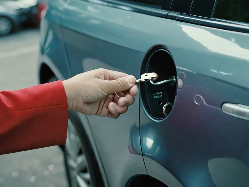  Focus on the decisive moment: A hand rests gently on a key inserted into the lock of a driver's seat car door. Everything is poised, the scene serene. No faces, just the simplicity of that hand and the promise of access. This image embodies the reliability of our car locksmith service, ready to unlock possibilities with a simple turn of the key.