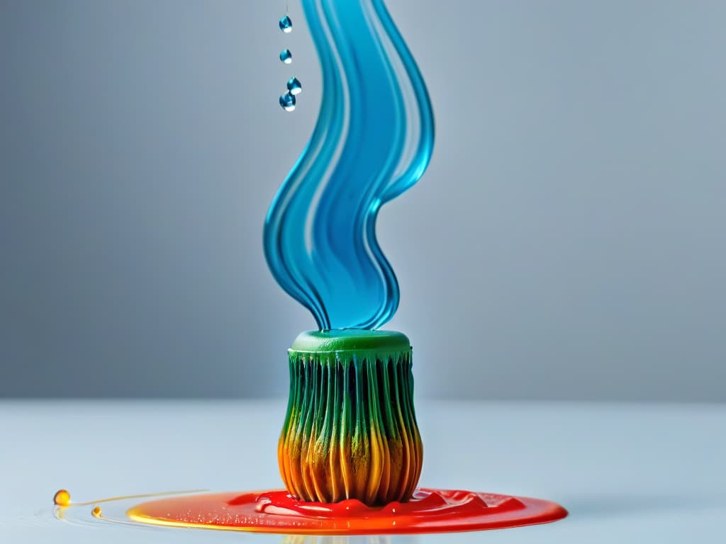  A minimalist, ultradetailed image of a delicate paintbrush dipped in rich, vibrant edible paint, showcasing intricate droplets of color suspended in midair, capturing the essence of creativity and precision in the world of edible painting. hyperrealistic, full body, detailed clothing, highly detailed, cinematic lighting, stunningly beautiful, intricate, sharp focus, f/1. 8, 85mm, (centered image composition), (professionally color graded), ((bright soft diffused light)), volumetric fog, trending on instagram, trending on tumblr, HDR 4K, 8K