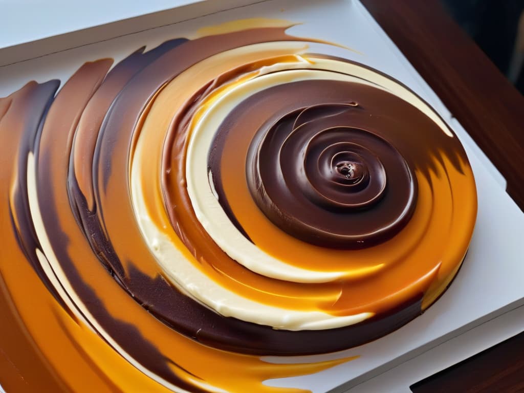  A highresolution photograph of a vibrant, multicolored swirl of liquid caramel gracefully cascading over a perfectly smooth surface, captured at an angle that highlights the intricate ribbons and textures of the caramel as it transitions from a solid to a liquid state. The colors are rich and inviting, with warm tones of amber, gold, and deep brown blending seamlessly together, evoking a sense of decadence and creativity in the realm of liquid desserts. hyperrealistic, full body, detailed clothing, highly detailed, cinematic lighting, stunningly beautiful, intricate, sharp focus, f/1. 8, 85mm, (centered image composition), (professionally color graded), ((bright soft diffused light)), volumetric fog, trending on instagram, trending on tumblr, HDR 4K, 8K