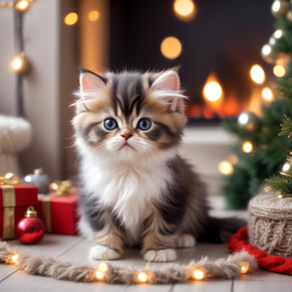  Miniature tiny kitten the size of a grain with maxi huge round expressive eyes tricolor Persian dressed in overalls and booties, standing in a cozy room near the fireplace holding garlands, realistic, professional photo, high resolution, high detail, drawing, real photo!