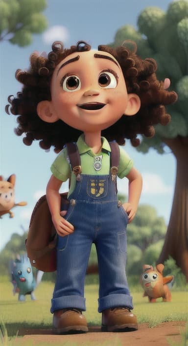  {Riley looking up at the tree with a big smile, animals surrounding them., Riley, a curious with big brown eyes and curly hair, wearing overalls and carrying a small backpack. Their friend, Skye, a bluebird with shiny feathers.