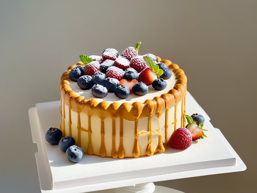  A photorealistic closeup image of a beautifully decorated lowcalorie cake made with natural sweeteners such as stevia or honey. The cake should be intricately adorned with fresh berries, mint leaves, and delicate edible flowers, showcasing a perfect balance between healthconscious choices and exquisite culinary artistry. The lighting should be soft, highlighting the textures and colors of the dessert, making the viewer almost able to taste the sweetness emanating from the screen. hyperrealistic, full body, detailed clothing, highly detailed, cinematic lighting, stunningly beautiful, intricate, sharp focus, f/1. 8, 85mm, (centered image composition), (professionally color graded), ((bright soft diffused light)), volumetric fog, trending on instagram, trending on tumblr, HDR 4K, 8K