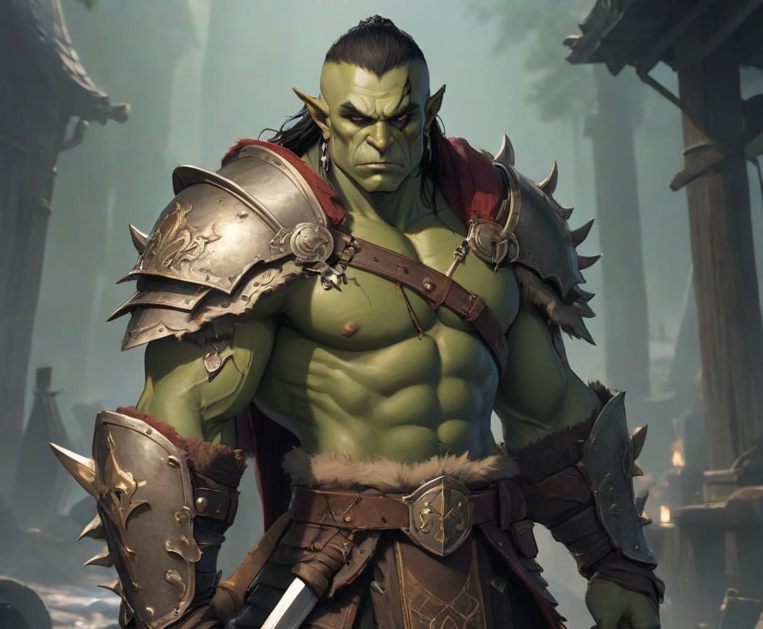  Hagren, a half orc fighter, stands before you, his muscular physique and tattered clothes bearing the scars of countless battles. His skin is a deep shade of green, with prominent tusks protruding from his lower jaw. His eyes, a piercing shade of yellow, seem to hold a deep sadness within them, a testament to the losses he has suffered in his life. Hagren wears a battered set of studded leather armor, adorned with the emblem of the Order of the Sword, a group of warriors dedicated to protecting the innocent and upholding justice. A large shield, emblazoned with the same emblem, is strapped to his left arm, while a scimitar and a shortsword hang from his belt. A small pouch containing 10 gold pieces is tucked into one of his pockets, a remi hyperrealistic, full body, detailed clothing, highly detailed, cinematic lighting, stunningly beautiful, intricate, sharp focus, f/1. 8, 85mm, (centered image composition), (professionally color graded), ((bright soft diffused light)), volumetric fog, trending on instagram, trending on tumblr, HDR 4K, 8K