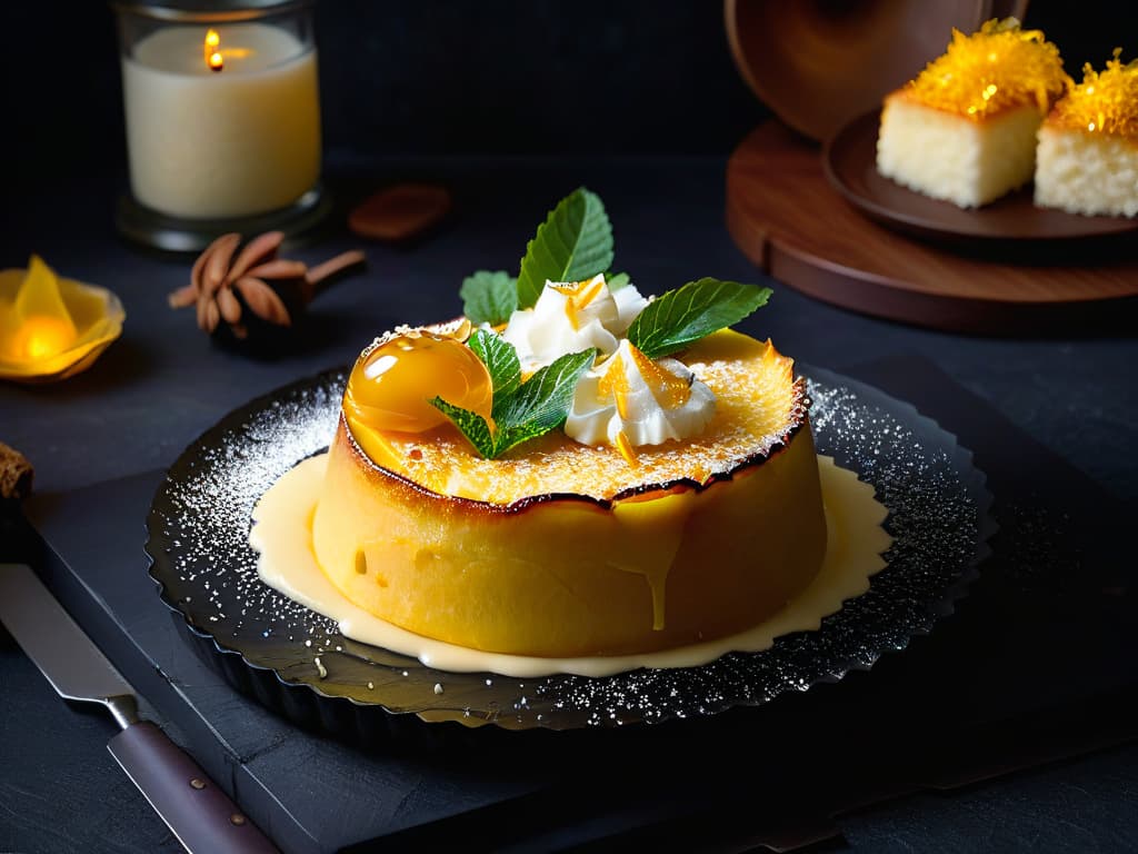  A beautifully plated Bibingka Africano, adorned with a delicate sprinkle of coconut flakes and a drizzle of golden honey, set against a sleek black slate background. The warm, golden hue of the dessert contrasts elegantly with the dark backdrop, highlighting its texture and enticing presentation. The dish is garnished with a few fresh mint leaves for a pop of color, adding a touch of freshness to the scene. hyperrealistic, full body, detailed clothing, highly detailed, cinematic lighting, stunningly beautiful, intricate, sharp focus, f/1. 8, 85mm, (centered image composition), (professionally color graded), ((bright soft diffused light)), volumetric fog, trending on instagram, trending on tumblr, HDR 4K, 8K