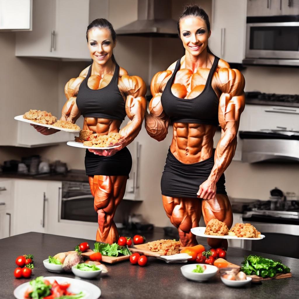  Beautiful female bodybuilder woman making food