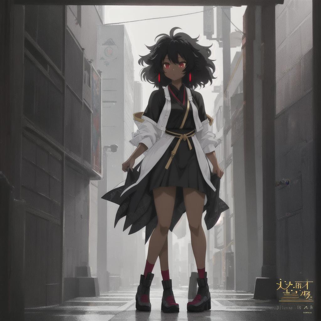  [Mrs. Libby],[Must Only one character] [anime background] [anime] [japan anime style] [2D image] [2D anime], [a anime woman, black skin, black/afro ethnicity, olds, athletic body, red eyes, straight hair style, hair, small s], [nfws, ,, full body image], [best quality, 16k image] hyperrealistic, full body, detailed clothing, highly detailed, cinematic lighting, stunningly beautiful, intricate, sharp focus, f/1. 8, 85mm, (centered image composition), (professionally color graded), ((bright soft diffused light)), volumetric fog, trending on instagram, trending on tumblr, HDR 4K, 8K