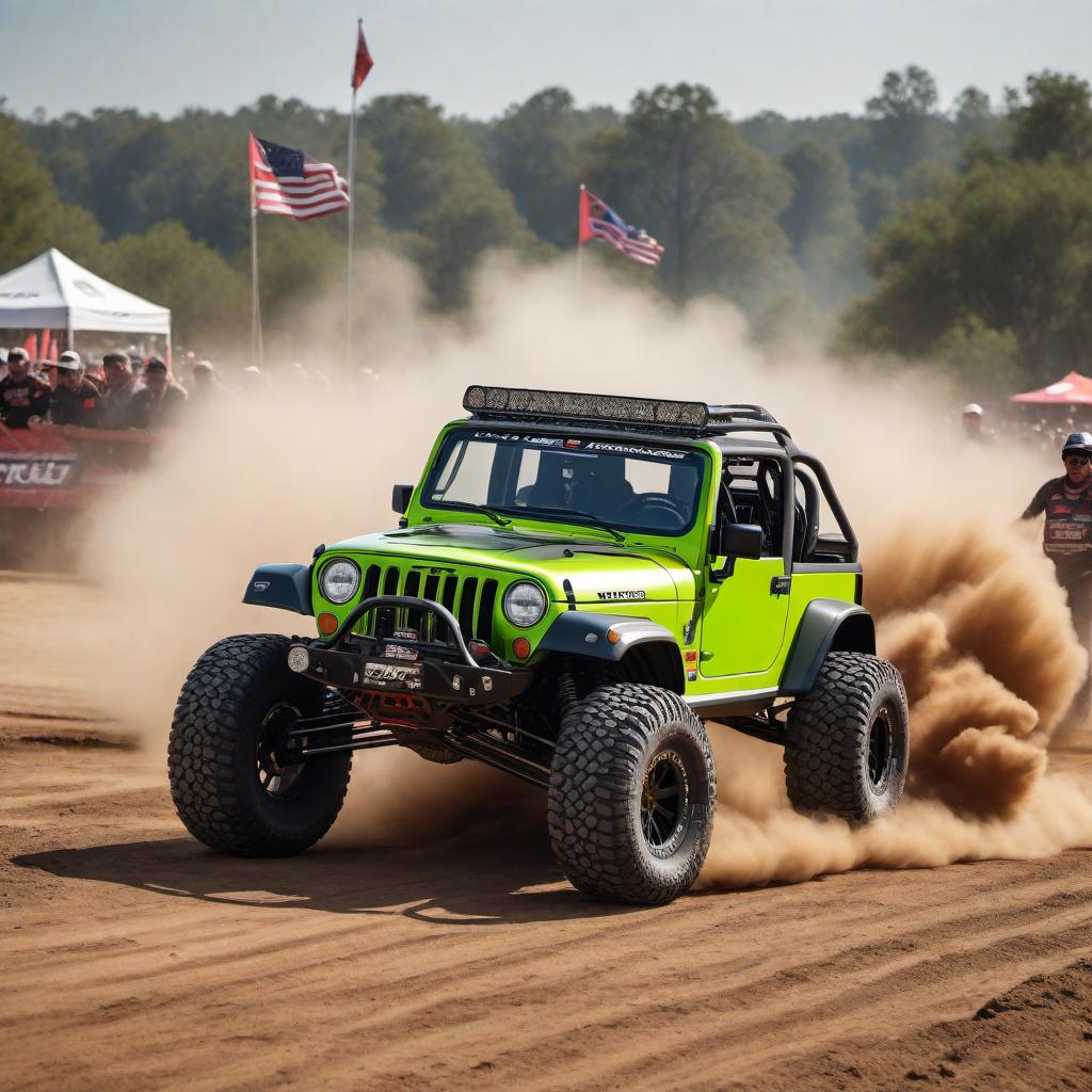  An Ultra 4 car that precisely features a 117-inch wheelbase, combining the powerful aesthetic of a black body with striking lime green grill and accents based on a flat CJ7 grill design. The vehicle is fitted with a robust Dana 60 front axle indicating its formidable off-road capabilities. It is shown victoriously crossing the finish line at the King of the Hammers race, kicking up a trail of dust, with the audience in the background celebrating, and a checkered flag being waved to denote its triumph. hyperrealistic, full body, detailed clothing, highly detailed, cinematic lighting, stunningly beautiful, intricate, sharp focus, f/1. 8, 85mm, (centered image composition), (professionally color graded), ((bright soft diffused light)), volumetric fog, trending on instagram, trending on tumblr, HDR 4K, 8K